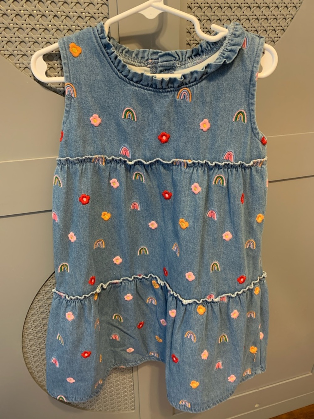 Embroidered Denim Rainbow Dress - Blue with Multicolor Flowers